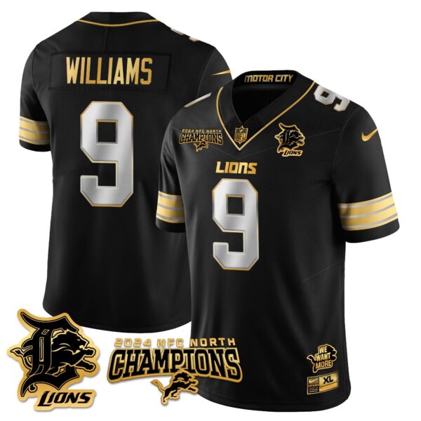 Detroit Lions 2024 NFC North Champions Gold Jersey N1 – All Stitched – Jameson Williams – 9 – Black Limited Jersey
