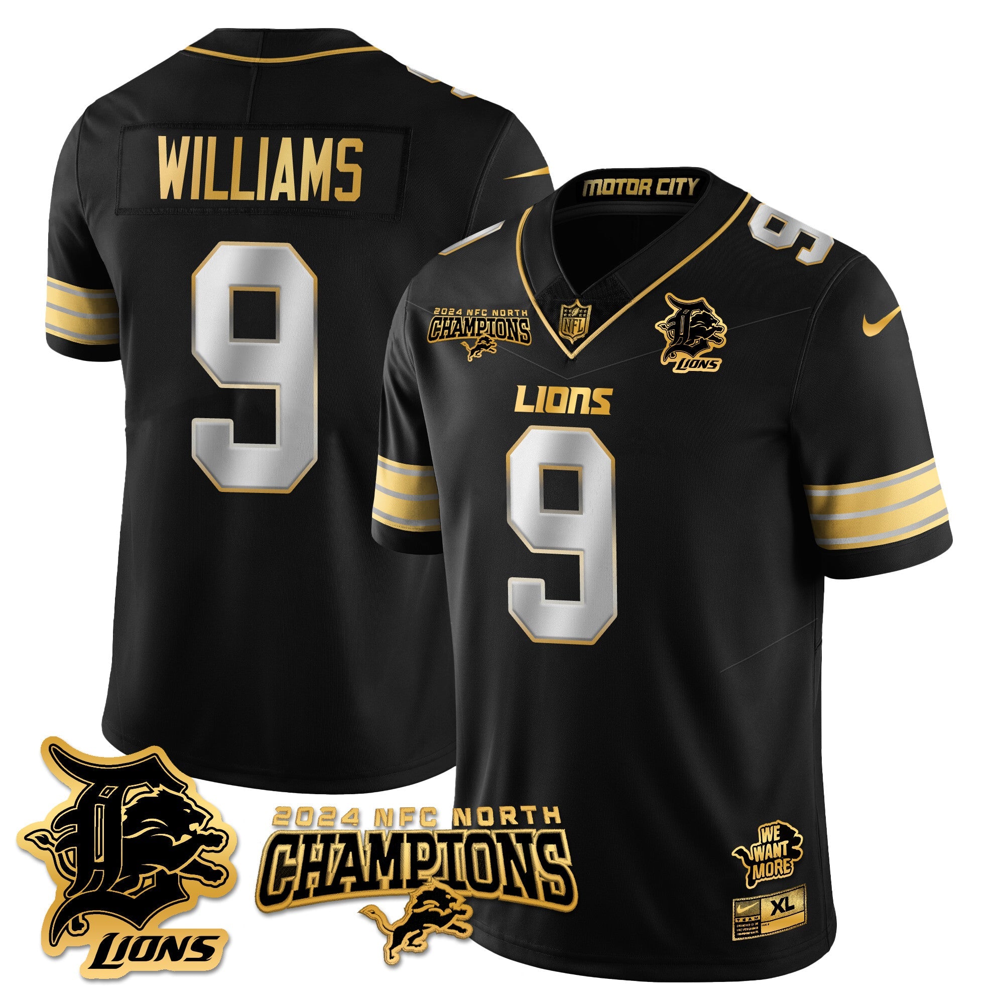 Detroit Lions 2024 NFC North Champions Gold Jersey N1 – All Stitched – Jameson Williams – 9 – Black Limited Jersey