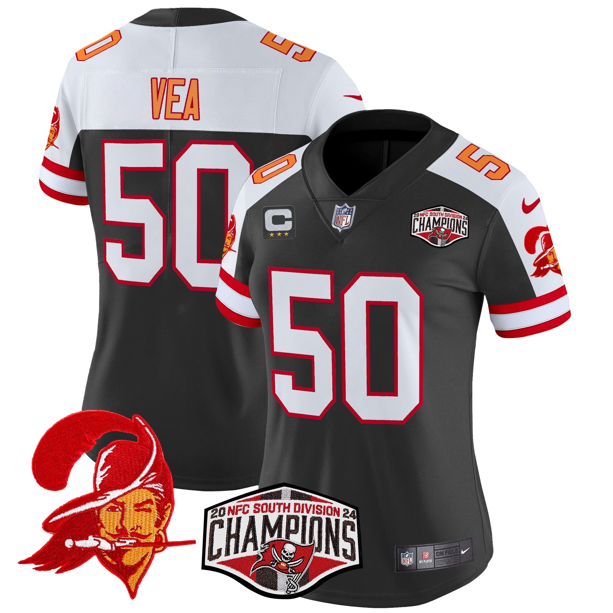 Women’s Tampa Bay Buccaneers Creamsicle 2024 NFC South Division Champions Patch Vapor Limited Jersey – All Stitched – Black Alternate – Vita Vea Jersey