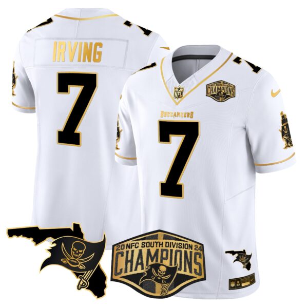 Buccaneers 2024 NFC South Division Champions Patch Gold Vapor Limited Jersey – All Stitched – White Gold – Bucky Irving Jersey