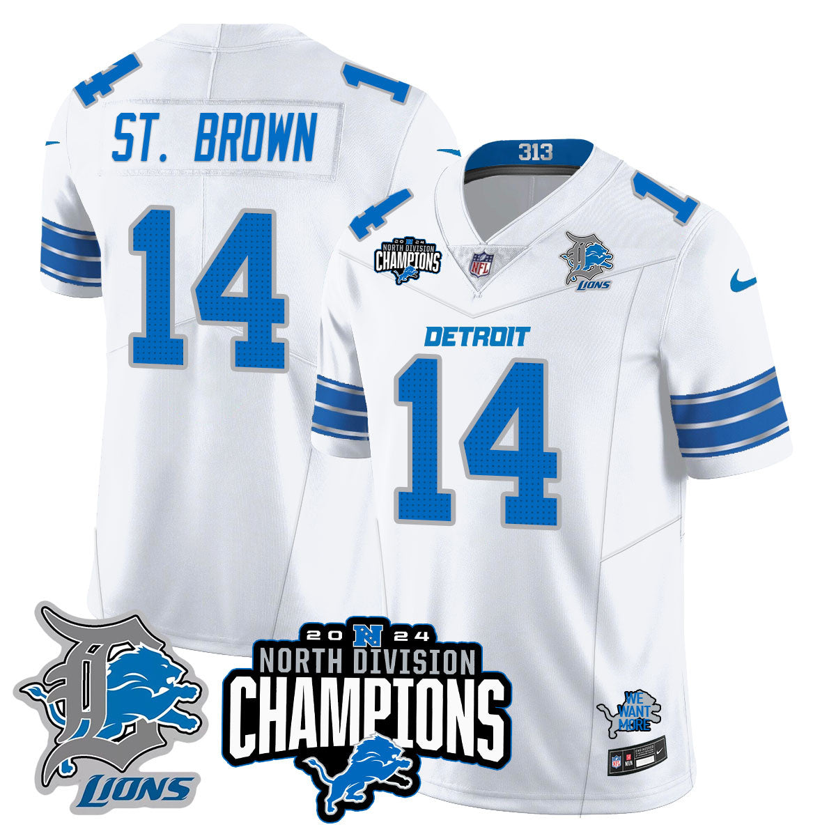 Detroit Lions 2024 NFC North Champions Gold Jersey N2 – All Stitched – Amon-Ra St. Brown – 14 – White Jersey