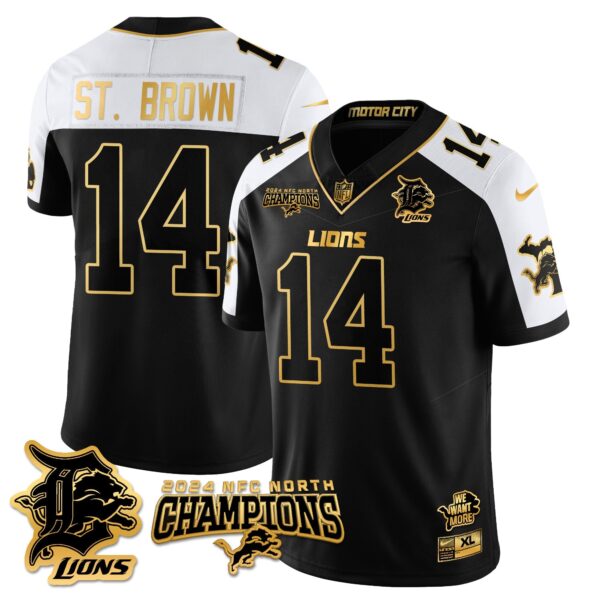 Detroit Lions 2024 NFC North Champions Gold Jersey N1 – All Stitched – Amon-Ra St. Brown – 14 – Alternate Jersey