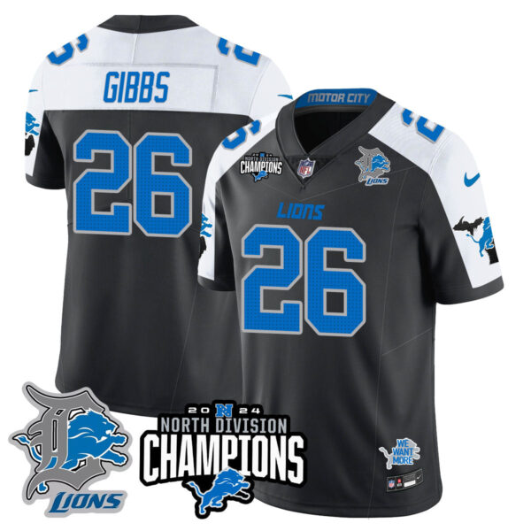 Detroit Lions 2024 NFC North Champions Gold Jersey N2 – All Stitched – Jahmyr Gibbs – 26 – Black Alternate Jersey