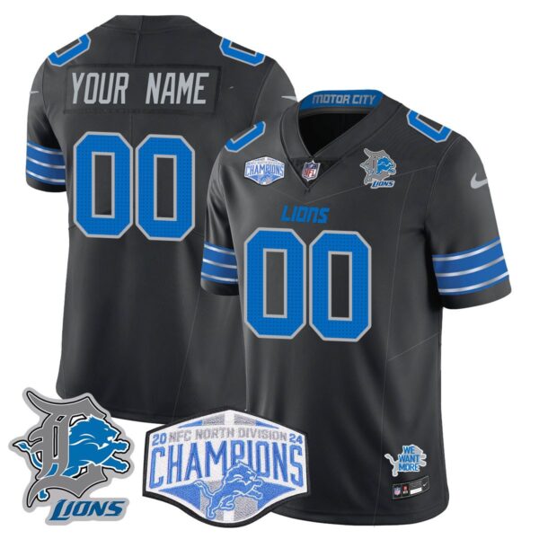 Custom Gender/Name Detroit Lions 2024 NFC North Champions Gold Jersey – All Stitche – Black Jersey