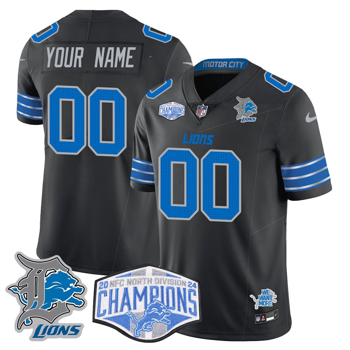 Custom Gender/Name Detroit Lions 2024 NFC North Champions Gold Jersey – All Stitche – Black Jersey