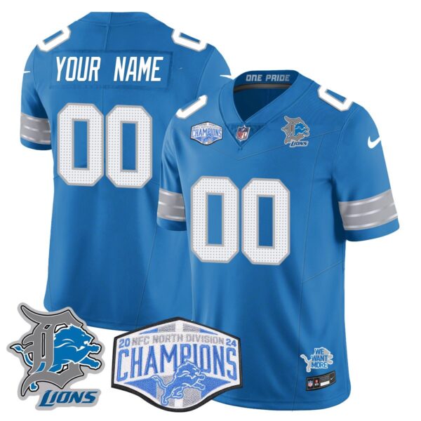 Custom Gender/Name Detroit Lions 2024 NFC North Champions Gold Jersey – All Stitche – Blue Jersey