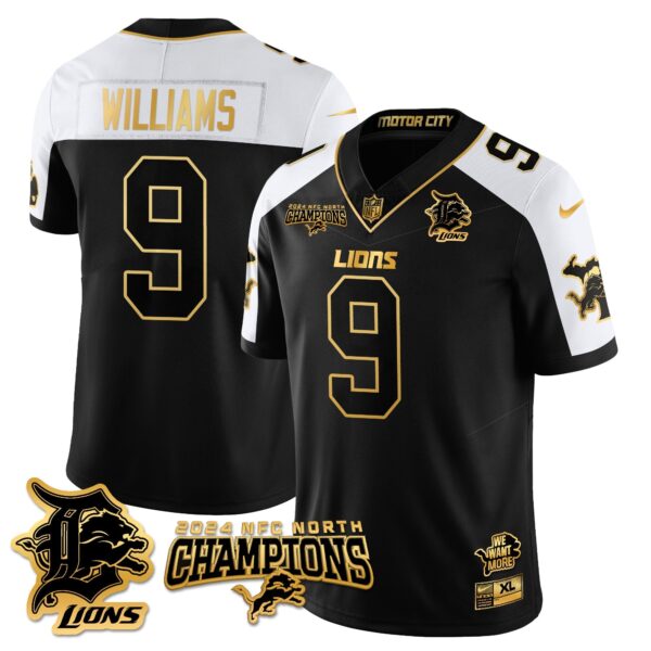 Detroit Lions 2024 NFC North Champions Gold Jersey N1 – All Stitched – Jameson Williams – 9 – Alternate Jersey