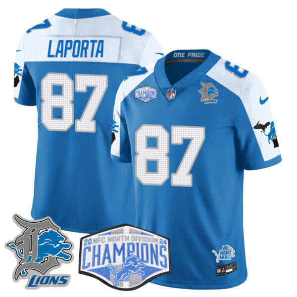 Detroit Lions 2024 NFC North Champions Gold Jersey – All Stitched – Sam LaPorta – 87 – Blue Alternate Jersey