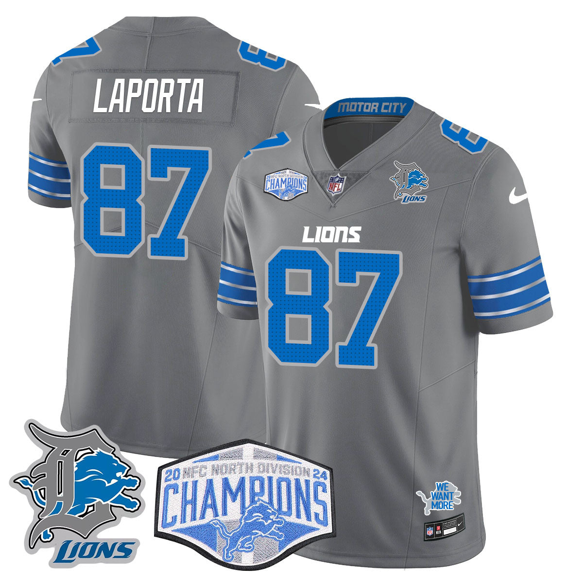 Detroit Lions 2024 NFC North Champions Gold Jersey – All Stitched – Sam LaPorta – 87 – Gray Jersey
