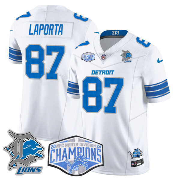 Detroit Lions 2024 NFC North Champions Gold Jersey – All Stitched – Sam LaPorta – 87 – White Jersey