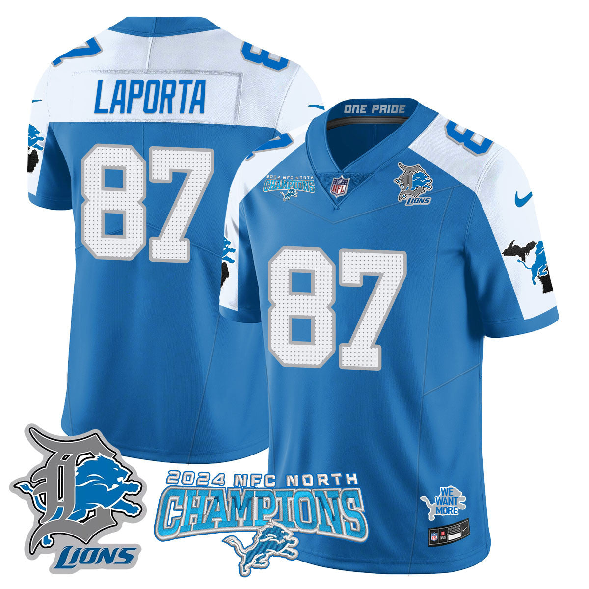 Detroit Lions 2024 NFC North Champions Gold Jersey N1 – All Stitched – Sam LaPorta – 87 – Blue Alternate Jersey