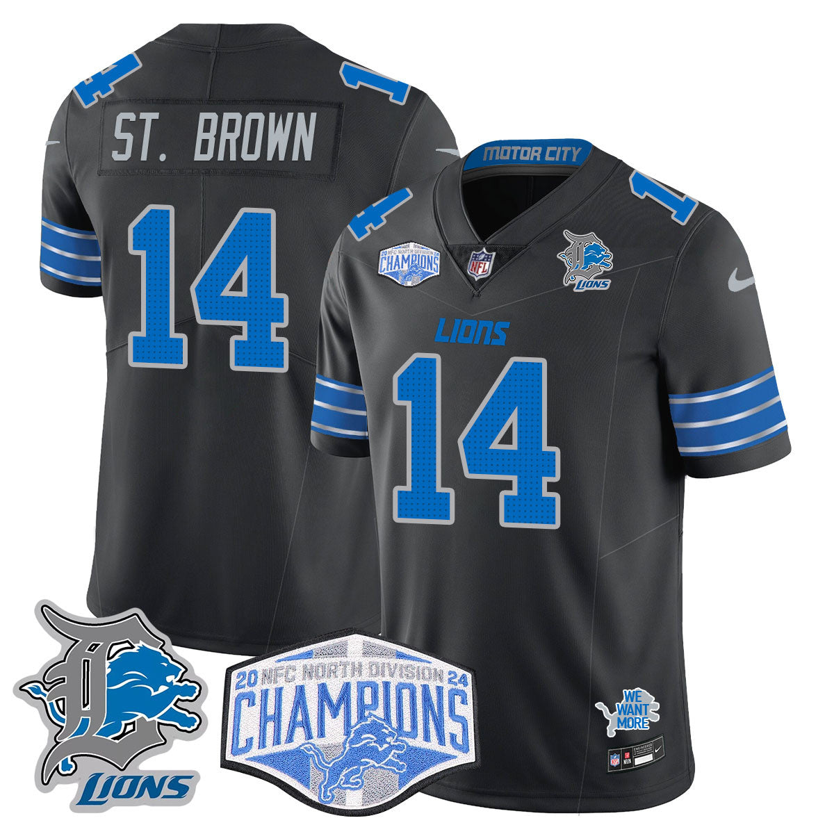 Detroit Lions 2024 NFC North Champions Gold Jersey – All Stitched – Amon-Ra St. Brown – 14 – Black Jersey