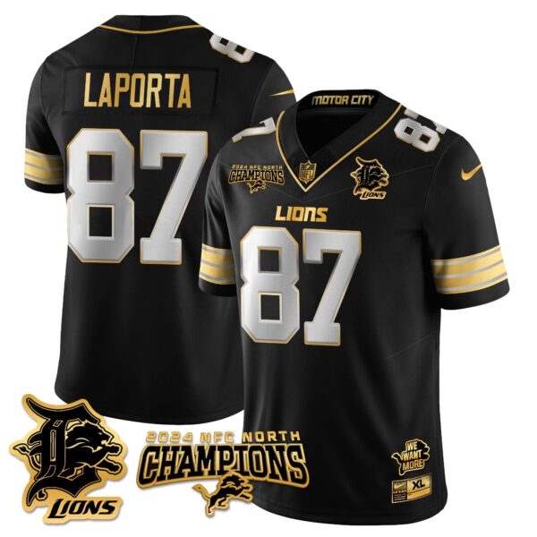 Detroit Lions 2024 NFC North Champions Gold Jersey N1 – All Stitched – Sam LaPorta – 87 – Black Limited Jersey