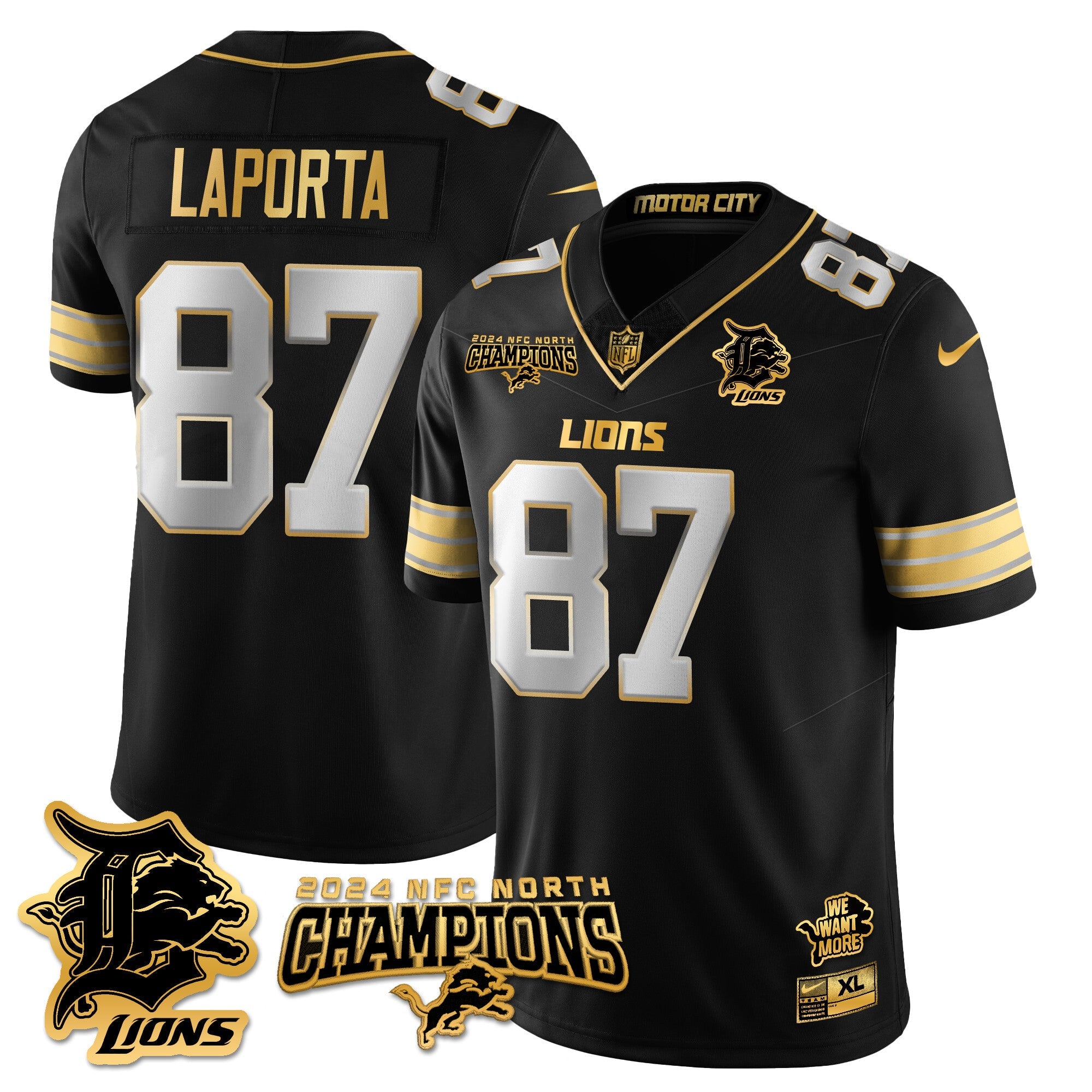 Detroit Lions 2024 NFC North Champions Gold Jersey N1 – All Stitched – Sam LaPorta – 87 – Black Limited Jersey