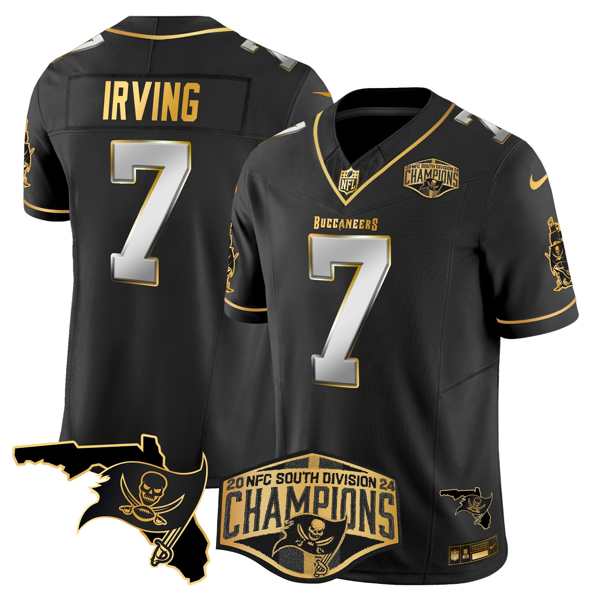 Buccaneers 2024 NFC South Division Champions Patch Gold Vapor Limited Jersey – All Stitched – Black Limited – Bucky Irving Jersey