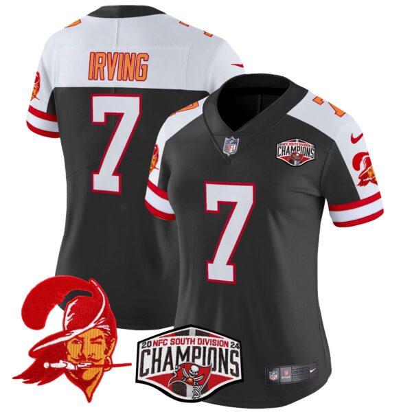Women’s Tampa Bay Buccaneers Creamsicle 2024 NFC South Division Champions Patch Vapor Limited Jersey – All Stitched – Black Alternate – Bucky Irving Jersey