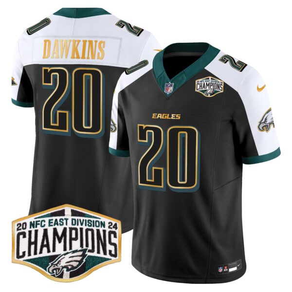 Eagles 2024 NFC East Division Champions Gold Trim Vapor Limited Jersey – All Stitched – Black Alternate – Brian Dawkins Jersey