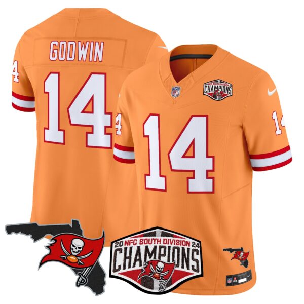 Buccaneers 2024 NFC South Division Champions Patch Vapor Limited Jersey – All Stitched – Creamsicle – Chris Godwin Jersey