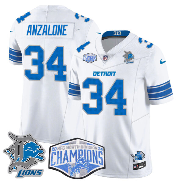 Detroit Lions 2024 NFC North Champions Gold Jersey – All Stitched – Alex Anzalone – 34 – White Jersey