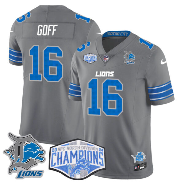 Detroit Lions 2024 NFC North Champions Gold Jersey – All Stitched – Jared Goff – 16 – Gray Jersey