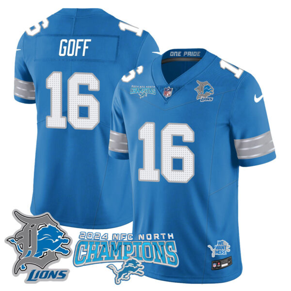 Detroit Lions 2024 NFC North Champions Gold Jersey N1 – All Stitched – Jared Goff – 16 – Blue Jersey