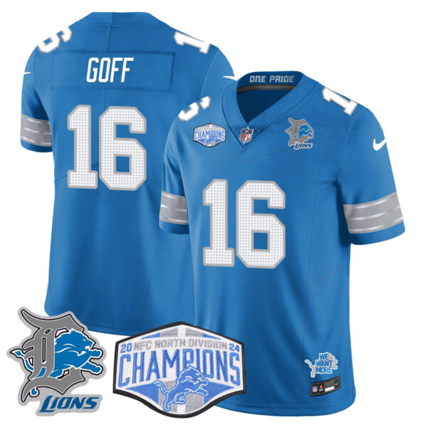 Detroit Lions 2024 NFC North Champions Gold Jersey – All Stitched – Jared Goff – 16 – Blue Jersey
