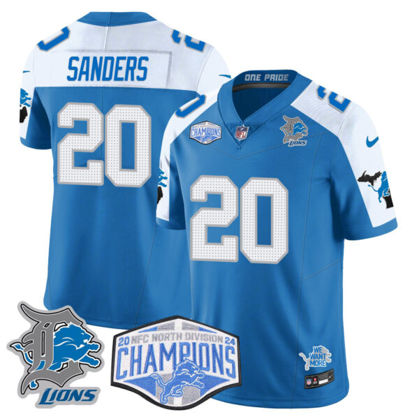 Detroit Lions 2024 NFC North Champions Gold Jersey – All Stitched – Barry Sanders – 20 – Blue Alternate Jersey