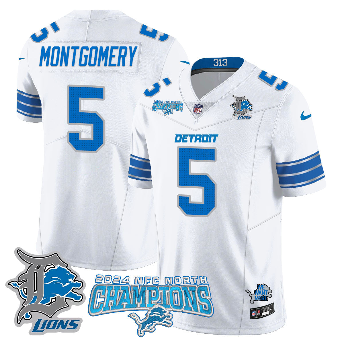 Detroit Lions 2024 NFC North Champions Gold Jersey N1 – All Stitched – David Montgomery – 5 – White Jersey