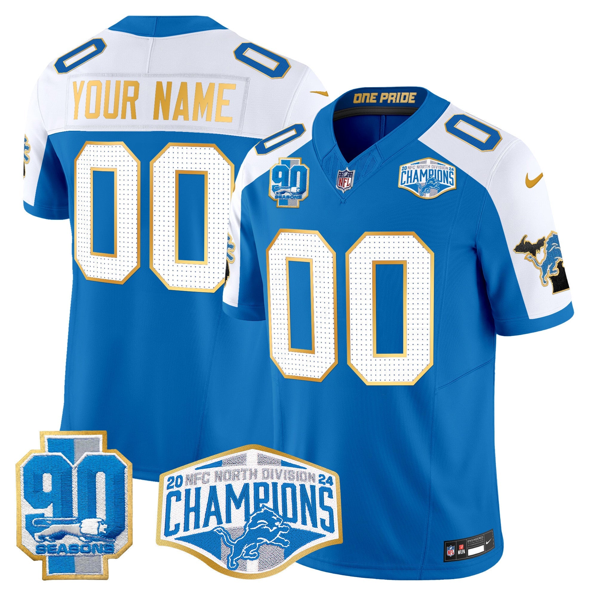 Detroit Lions 2024 NFC North Division Champions Patch Gold Trim Vapor Limited Custom Jersey – All Stitched – Blue Alternate Jersey