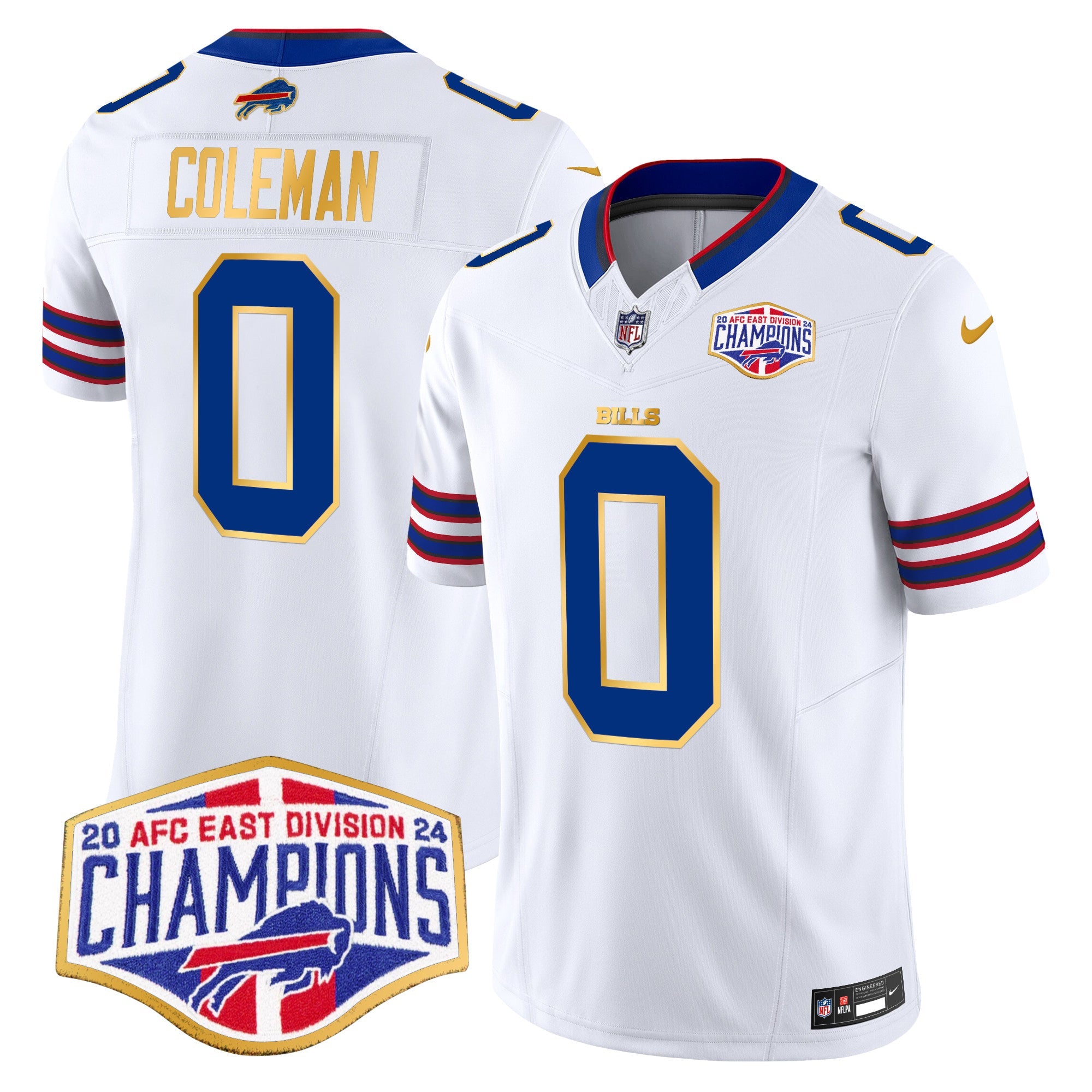 Bills 2024 AFC East Division Champions Gold Trim Vapor Limited Jersey – All Stitched – White – Keon Coleman Jersey