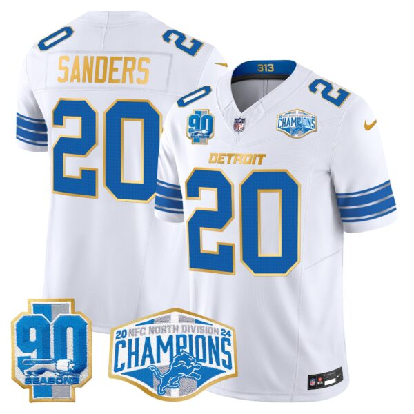 Detroit Lions 2024 NFC North Division Champions Patch Gold Trim Vapor Limited Jersey – All Stitched – White – Barry Sanders Jersey