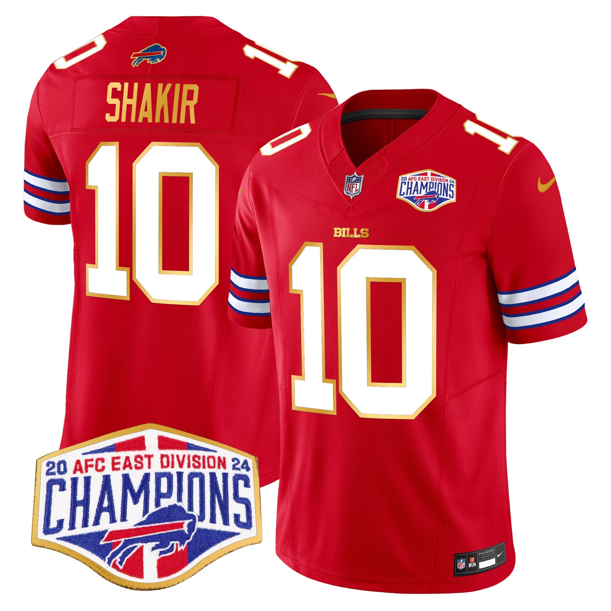 Bills 2024 AFC East Division Champions Gold Trim Vapor Limited Jersey – All Stitched – Red – Khalil Shakir Jersey