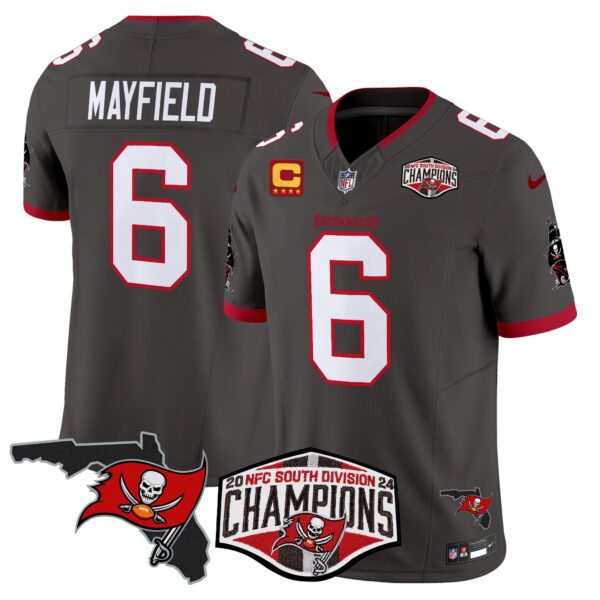 Buccaneers 2024 NFC South Division Champions Patch Vapor Limited Jersey – All Stitched – Pewter – Baker Mayfield Jersey