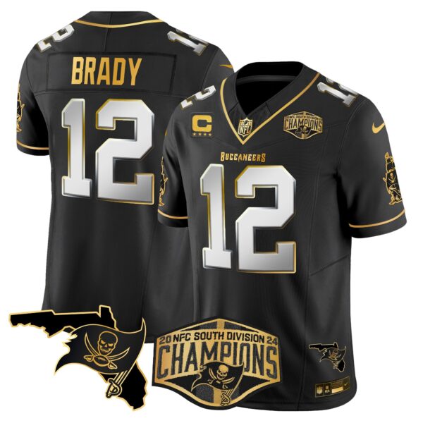 Buccaneers 2024 NFC South Division Champions Patch Gold Vapor Limited Jersey – All Stitched – Black Limited – Tom Brady Jersey