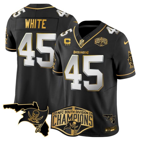 Buccaneers 2024 NFC South Division Champions Patch Gold Vapor Limited Jersey – All Stitched – Black Limited – Devin White Jersey