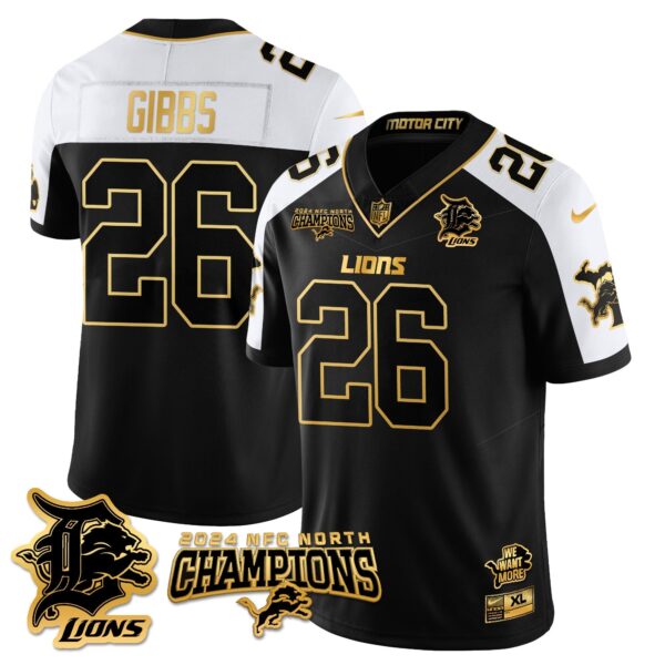 Detroit Lions 2024 NFC North Champions Gold Jersey N1 – All Stitched – Jahmyr Gibbs – 26 – Alternate Jersey