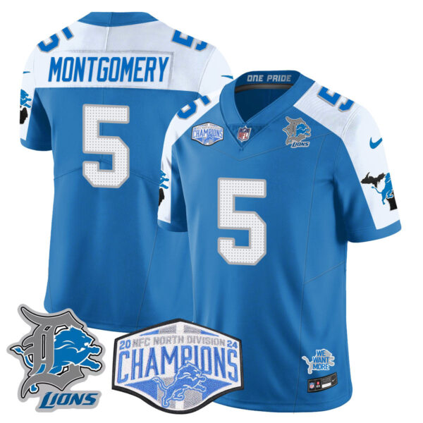 Detroit Lions 2024 NFC North Champions Gold Jersey – All Stitched – David Montgomery – 5 – Blue Alternate Jersey
