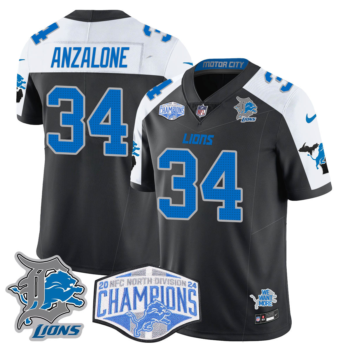 Detroit Lions 2024 NFC North Champions Gold Jersey – All Stitched – Alex Anzalone – 34 – Black Alternate Jersey