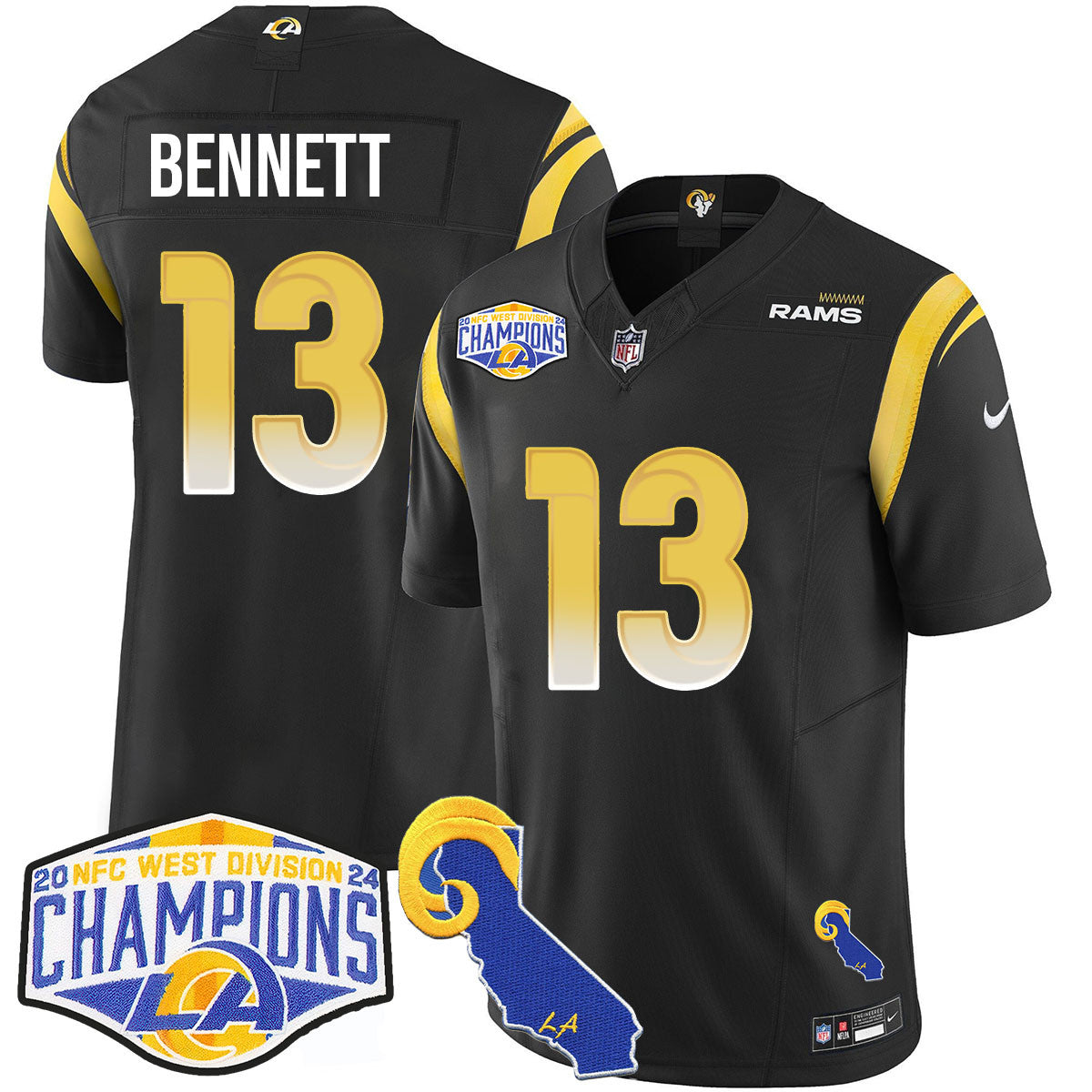 Los Angeles Rams 2024 NFC West Division Champions Jersey N1 – All Stitched – Stetson Bennett – 13 – Black Jersey