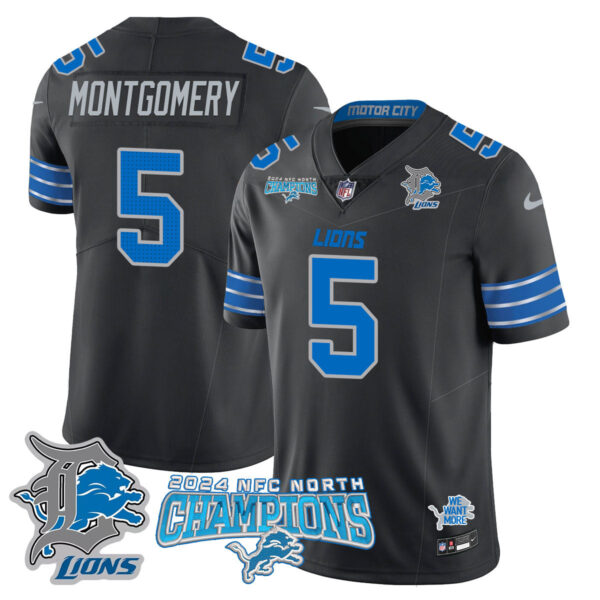 Detroit Lions 2024 NFC North Champions Gold Jersey N1 – All Stitched – David Montgomery – 5 – Black Jersey