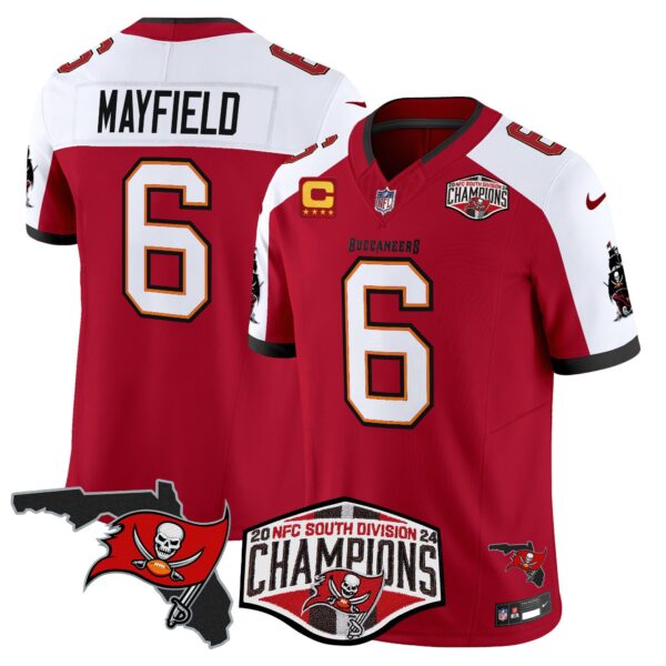 Buccaneers 2024 NFC South Division Champions Patch Vapor Limited Jersey – All Stitched – Red Alternate – Baker Mayfield Jersey