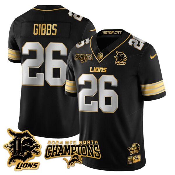 Detroit Lions 2024 NFC North Champions Gold Jersey N1 – All Stitched – Jahmyr Gibbs – 26 – Black Limited Jersey