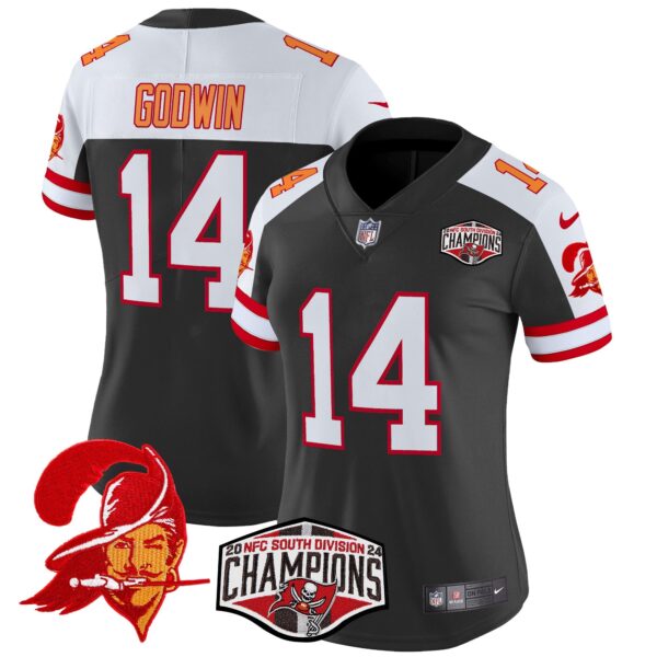 Women’s Tampa Bay Buccaneers Creamsicle 2024 NFC South Division Champions Patch Vapor Limited Jersey – All Stitched – Black Alternate – Chris Godwin Jersey