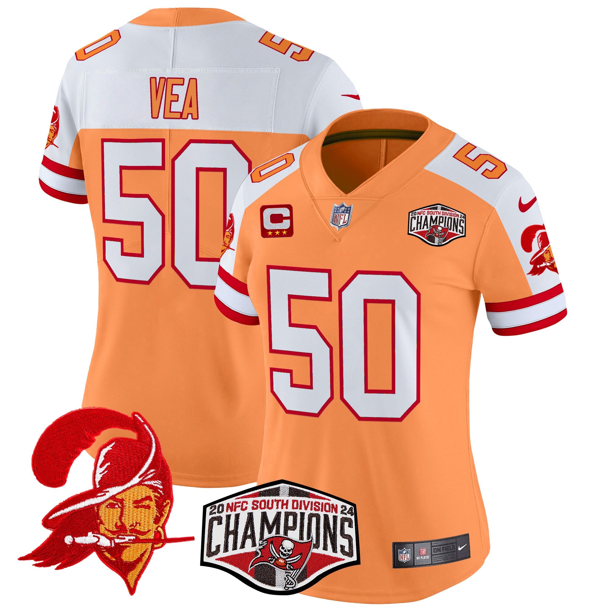 Women’s Tampa Bay Buccaneers Creamsicle 2024 NFC South Division Champions Patch Vapor Limited Jersey – All Stitched – Creamsicle Alternate – Vita Vea Jersey