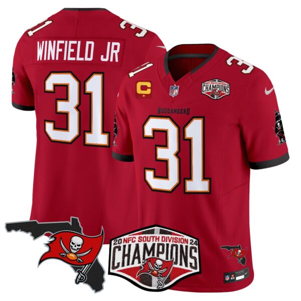 Buccaneers 2024 NFC South Division Champions Patch Vapor Limited Jersey – All Stitched – Red – Antoine Winfield Jr. Jersey
