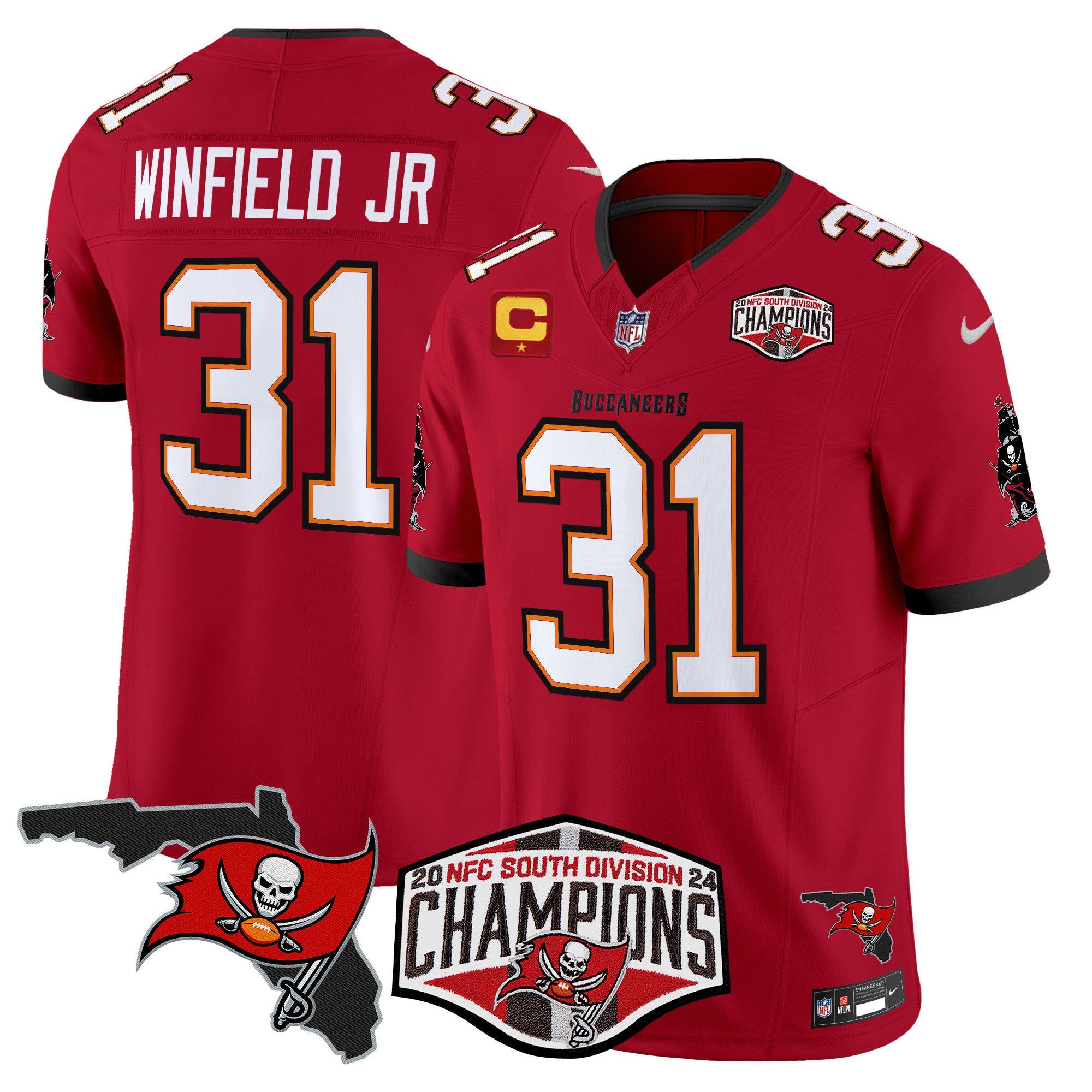 Buccaneers 2024 NFC South Division Champions Patch Vapor Limited Jersey – All Stitched – Red – Antoine Winfield Jr. Jersey