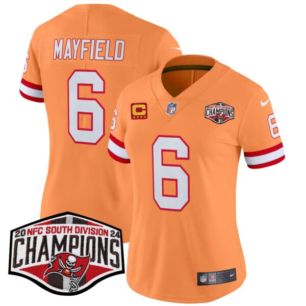 Women’s Tampa Bay Buccaneers Creamsicle 2024 NFC South Division Champions Patch Vapor Limited Jersey – All Stitched – Creamsicle – Baker Mayfield Jersey