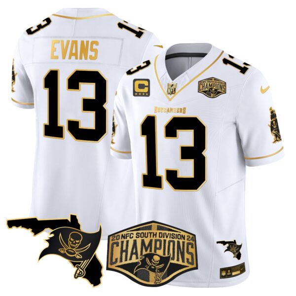 Buccaneers 2024 NFC South Division Champions Patch Gold Vapor Limited Jersey – All Stitched – White Gold – Mike Evans Jersey