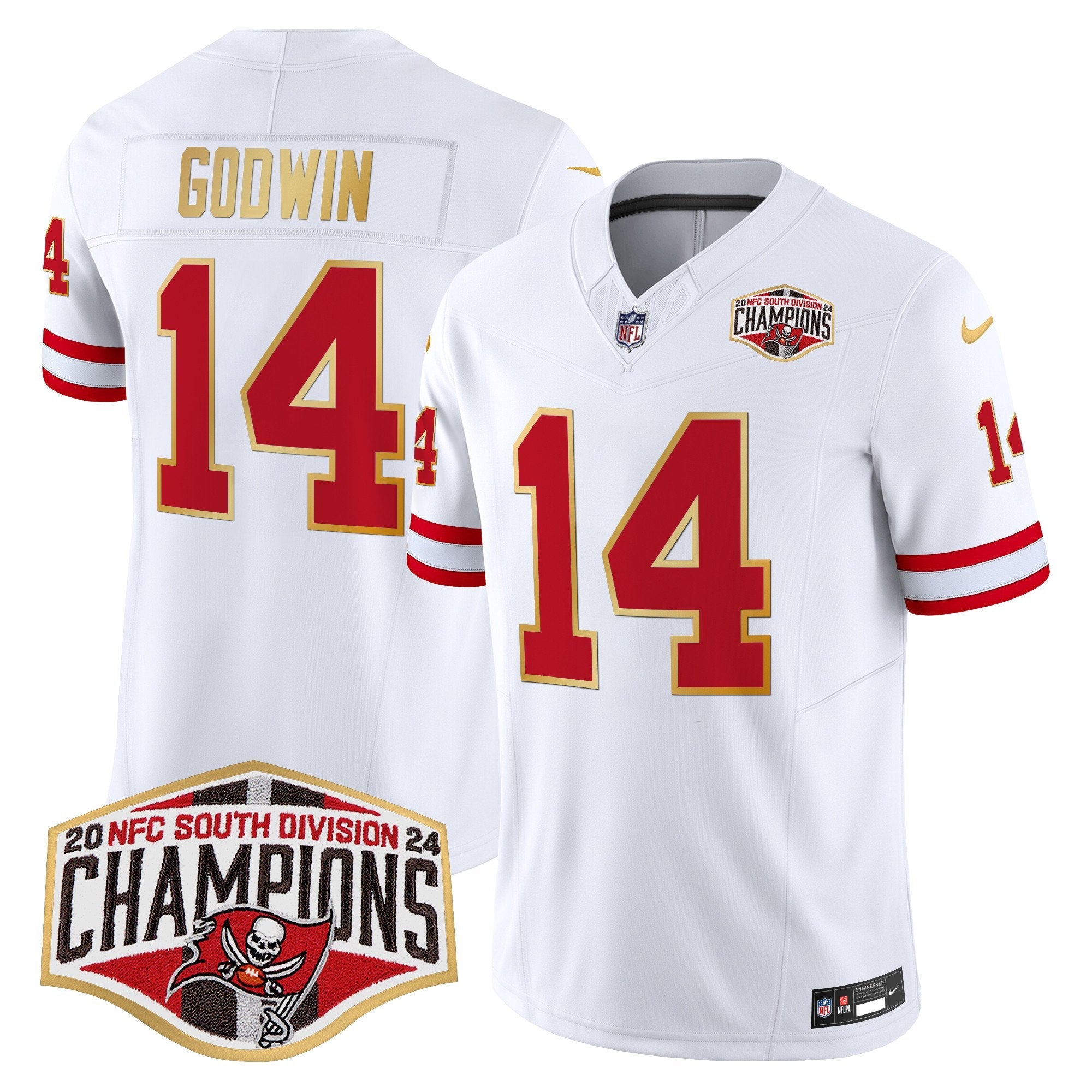 Buccaneers Creamsicle 2024 NFC South Division Champions Patch Gold Trim Vapor Limited Jersey – All Stitched – White – Chris Godwin Jersey