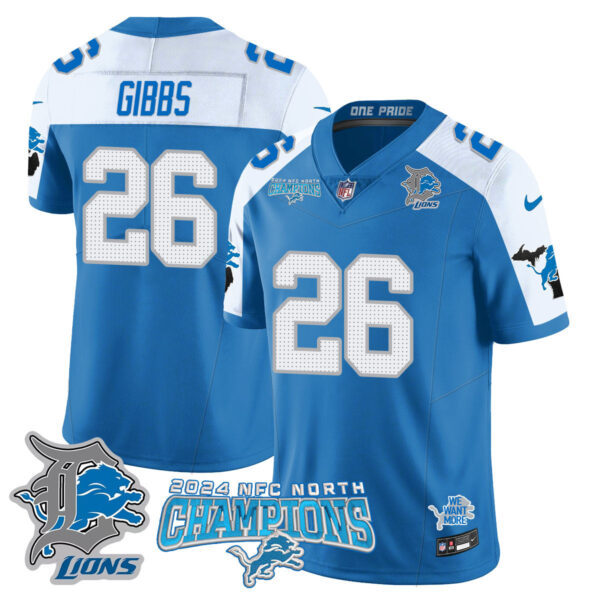 Detroit Lions 2024 NFC North Champions Gold Jersey N1 – All Stitched – Jahmyr Gibbs – 26 – Blue Alternate Jersey
